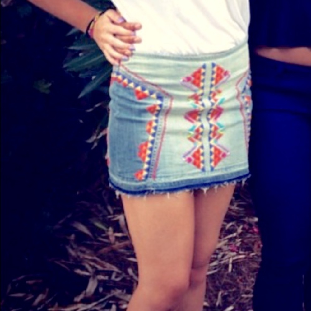 Free People- embroidered denim mini skirt